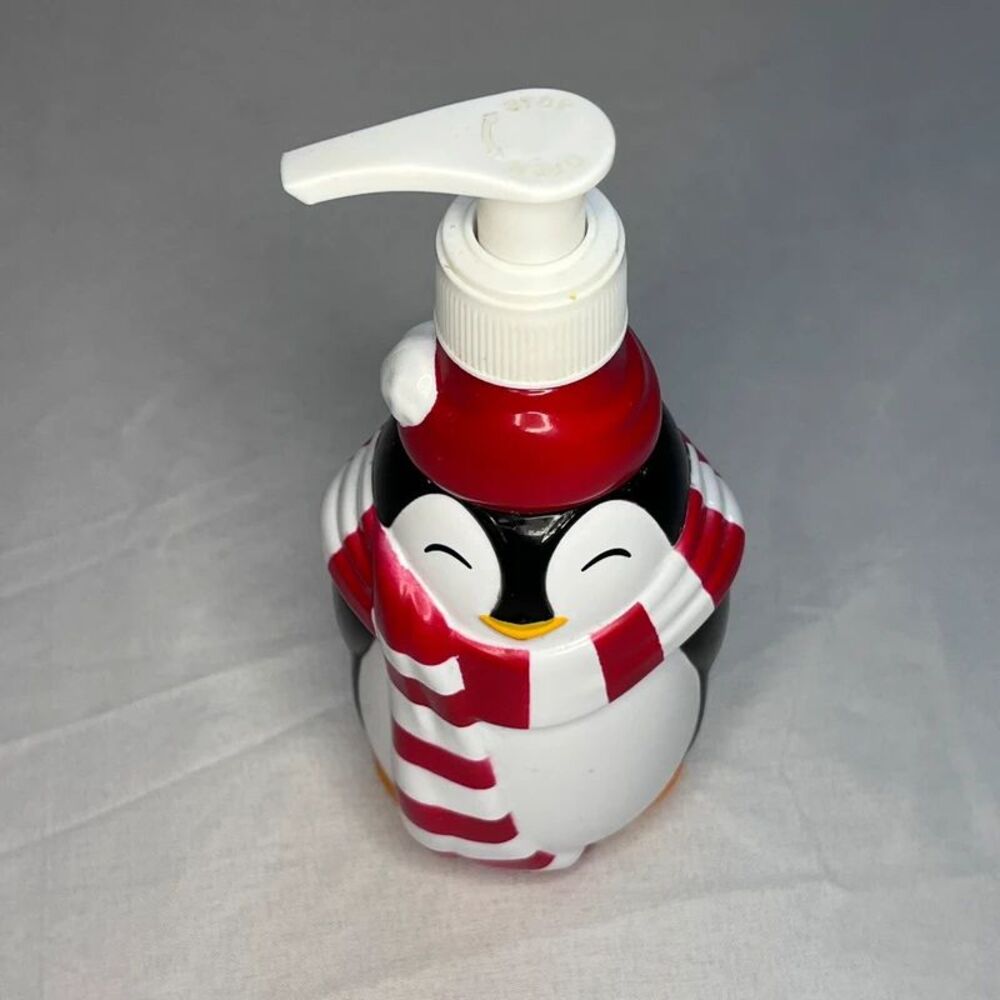 Penguin Santa Hat Soap Dispenser Bottle – Red Scarf  (Holiday decor)